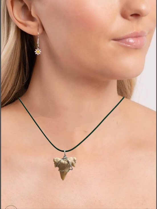 Jewelry - Genuine Fossilized Shark Tooth Pendant with Green Cord Necklace